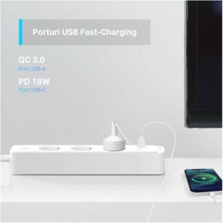 TP-Link SMART WI-FI SOCKET TAPO P300, Protocol: IEEE 802.11b/g/n, Bluetooth 4.2, 2.4 GHz, Cerințe de sistem, Android 5 sau mai recent, iOS 10 sau mai recent, Dimensiuni: 268*55*40mm, cablu de 1.5m, voltaj maxim: 2300W, 10A, 3 prize, 2 x USB. - Img 3