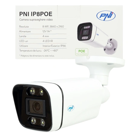 Camera supraveghere video PNI IP8POE 8MP, 4K, D-WDR, 4.0mm, 6 LED-uri, IP66, microfon si difuzor int