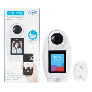 Camera supraveghere video PNI IP733 3MP, audio si video bidirectional, cu SOS buton apelare prin Bluetooth, ecran, functie baby monitor