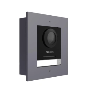 Post exterior modular videointerfon IP Hikvision DS-KD8003-IME1(B)/FL, montaj ingropat, 1 buton, 2000 de utilizatori, autentificare prin card, IP65, alimentare: 12 VDC, 500 mA, IEEE 802.3af, PoE, dimensiuni: 99.76 mm × 98 mm × 42.04 mm, greutate: 0.375kg,