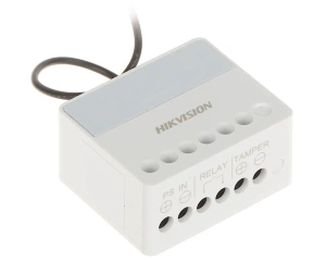 Modul releu AXPRO Hikvision DS-PM1-O1L-WE, 1 x NO/NC (0~36 V DC, Max 5 A), comunicare 868 MHz two-way wireless, criptare AES-128, distanta de comunicare RF: 1800m, in camp deschis, 1x buton invatare( pentru inregistrare), 3 x Led stare: Register/Signal (G