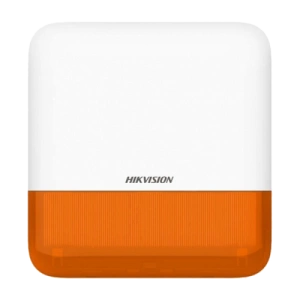 Sirene de exterior wireless AXPRO Hikvision DS-PS1-E-WE(Orange Indicator), frecventa de operare: 868 MHz, comunicare bidirectionala Tri-X wireless protocol, distanta de comunica RF: 1600metri, criptare: AES-128, 2 x tamper, Strobe light BLUE, nivel sonor: