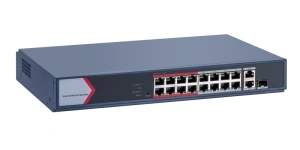 Switch PoE Hikvision DS-3E1318P-EI/M: 16 × 10/100 Mbps PoE port,1 × Gigabit combo,1 × Gigabit RJ45 port, 16 porturi PoE maxim 30W, buget PoE 130W, tensiune alimentare 100~240 V AC, 50/60 Hz, Max. 2.5 A., dimensiuni: 335.0 mm × 44.5 mm × 226.00 mm, greutat