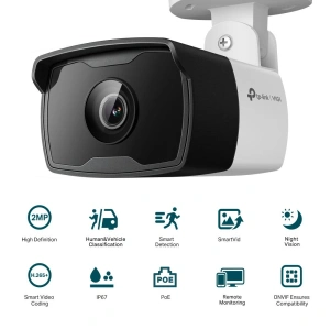 "TP-Link Camera IR de supraveghere Bullet pentru exterior VIGIC320I(4MM), Senzor imagine: CMOS 1/3"", Lentila 2.8mm, F2.2,Weatherproof: IP67, Infrarosu: 30m, Unghi vizualizare:Diagonal FOV: 106.5°, ,, Rezolutie maxima: 2 MPX, 1920 × 1080, Dimensiuni:174 ×