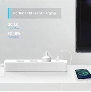 TP-Link SMART WI-FI SOCKET TAPO P300, Protocol: IEEE 802.11b/g/n, Bluetooth 4.2, 2.4 GHz, Cerințe de sistem, Android 5 sau mai recent, iOS 10 sau mai recent, Dimensiuni: 268*55*40mm, cablu de 1.5m, voltaj maxim: 2300W, 10A, 3 prize, 2 x USB. - Img 3
