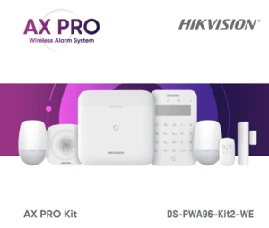 Kit de alarma wireless AX PRO Middle Level DS-PWA96-Kit2-WE contine: 1 x DS-PWA96-M-WE (96 zones wireless control panel), 2 x DS-PDP15P-EG2-WE (PIR motion sensor), 1 x DS-PDMC-EG2-WE (Magnetic Contact), 1 x DS-PK1- LT-WE (Wireless LCD Keypad), 1 x DS-PKF1