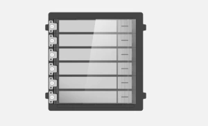 Modul de extensie videinterfon cu sase butoane de apelare Hikvision DS- KD-KK/S; montaj aplicat sau ingropat (acesoriile de montaj nu sunt incluse), customizare afisare nume; iluminare pe timp de noapte; Conectare RS-485, 1 x Input; 1 x Output; protectie: