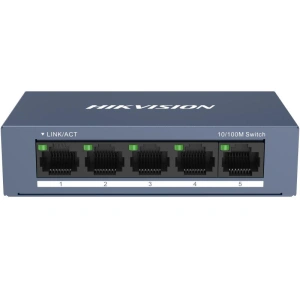 Switch Hikvision DS-3E0105-O: 5 × 10/100 Mbps RJ45 Port, tensiune alimentare 5 VDC, 1A., dimensiuni: 103.05 mm × 25.6 mm × 61.1 mm, greutate: 0.15kg, montare pe birou sau pe perete.
