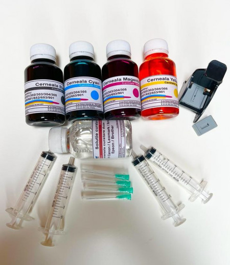 Set complet kit + cerneala refill cartus HP 901 / 901XL CC653AE CC654AE CC656AE Negru si Color