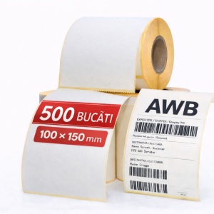 Rola etichete termice autoadezive 100x150mm 500 buc/rola pentru printare AWB perforata