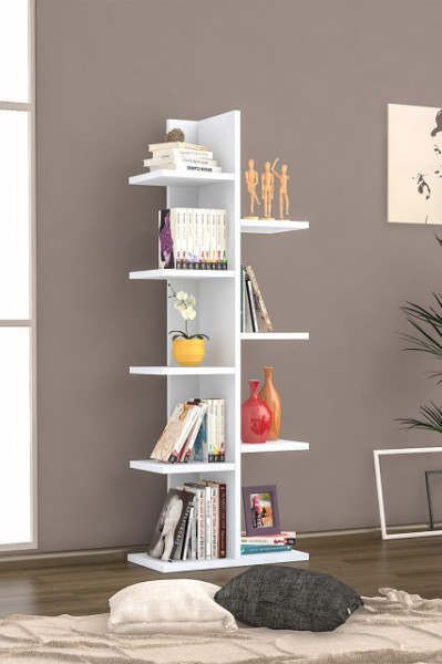Bibliotecă Verticală cu 9 Rafturi, Înălțime 122 cm, Alb Mat
