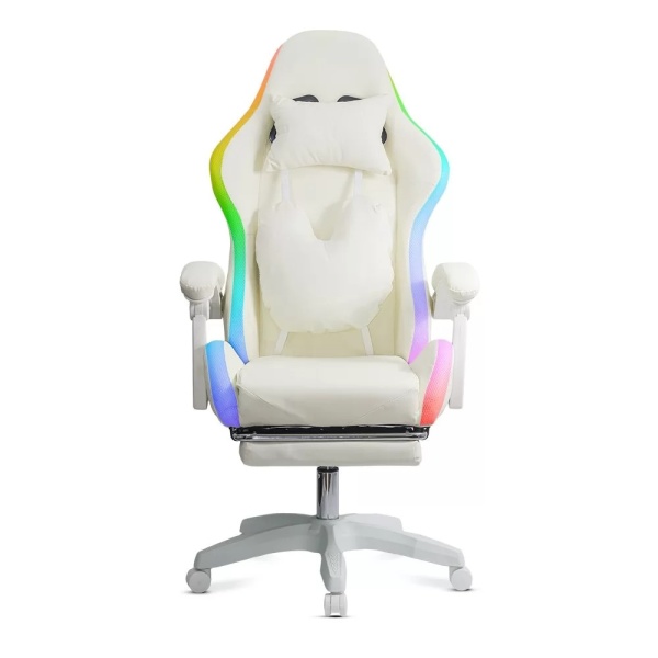 Scaun gaming de birou pentru fete, cu lumini RGB si suport picioare OFF 298 Crem