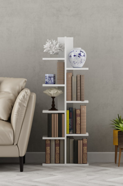 Bibliotecă Verticală cu 9 Rafturi, Înălțime 122 cm, Alb Mat