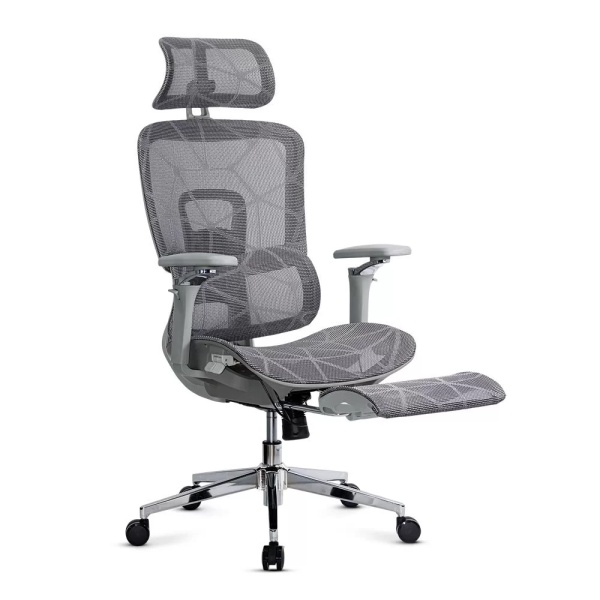 Scaun birou ergonomic gri din mesh cu tetieră reglabilă, brațe 4D și șezut culisant SYYT 9520