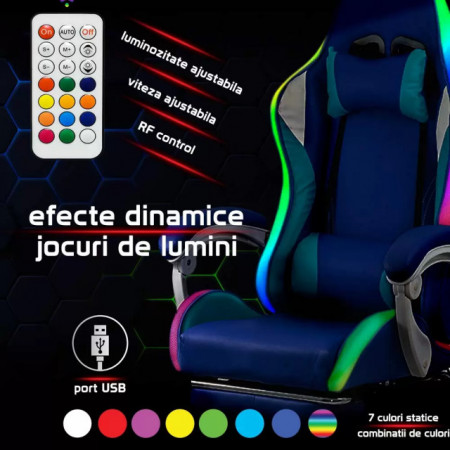Scaun gaming de birou pentru fete, cu lumini RGB si suport picioare OFF 298 mov si roz mov