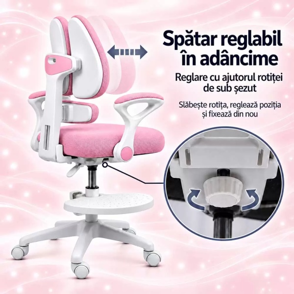 Scaun de birou pentru copii din mesh, rotativ, cu spătar dublu și suport pentru picioare OFF 337 roz - Img 5