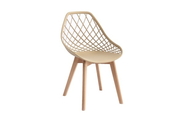 Scaun modern crem KD-102-C stil scandinav cu picioare din lemn si spatar perforat tip plasa