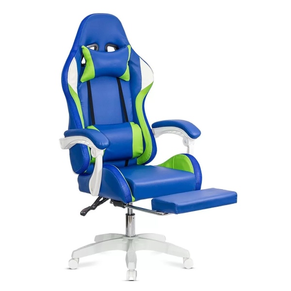 Scaun gaming de birou pentru baieti, cu lumini RGB si suport picioare OFF 298 ALBASTRU