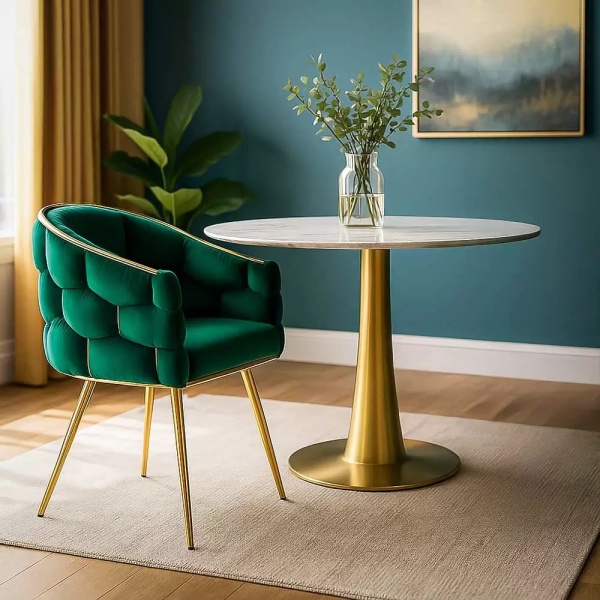 Scaun living BUC 251 din catifea cu picioare aurii reglabile verde