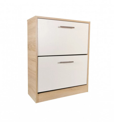 Pantofar Ancona cu doua sertare, stejar alb si alb, 63x24x81.5 cm