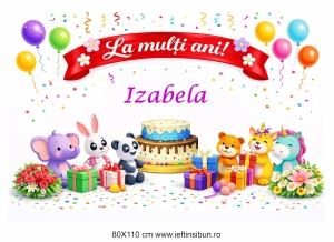 Banner personalizat „La mulți ani, Izabela!” Banner Aniversar Copii, 80X110 cm