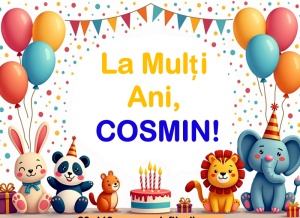 Banner personalizat „La mulți ani, Cosmin!” Banner Aniversar Copii, 80X110 cm