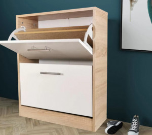 Pantofar Ancona cu doua sertare, stejar alb si alb, 63x24x81.5 cm