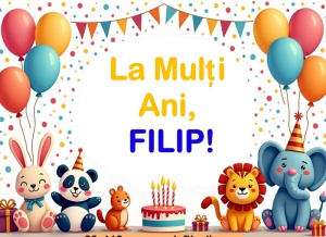 Banner personalizat „La mulți ani, Filip!” Banner Aniversar Copii, 80X110 cm