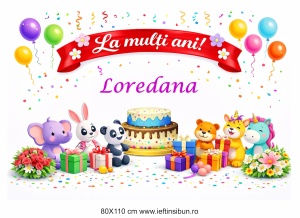 Banner personalizat „La mulți ani, Loredana!” Banner Aniversar Copii, 80X110 cm