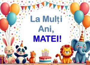 Banner personalizat „La mulți ani, Matei!” Banner Aniversar Copii, 80X110 cm