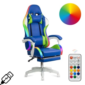 Scaun gaming de birou pentru baieti, cu lumini RGB si suport picioare OFF 298 ALBASTRU