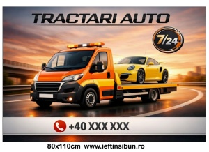 Banner „Tractări auto” personalizabil – 80 × 110 cm