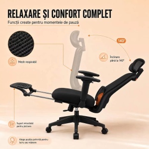 Scaun ergonomic din mesh cu suport pentru picioare, tetieră reglabilă și spătar rabatabil SYYT 9523 negru - Img 3