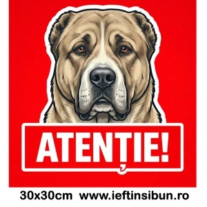 Banner indicator avertizare Atentie Caine Ciobănescul de Asia Centrală (Alabai) 30x30cm