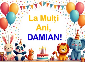 Banner personalizat „La mulți ani, Damian!” Banner Aniversar Copii, 80X110 cm