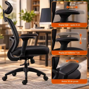 Scaun de birou ergonomic din mesh cu tetieră și brațe 3D OFF 404 negru