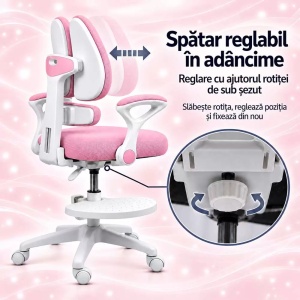 Scaun de birou pentru copii din mesh, rotativ, cu spătar dublu și suport pentru picioare OFF 337 roz - Img 5