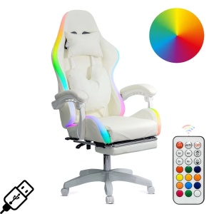 Scaun gaming de birou pentru fete, cu lumini RGB si suport picioare OFF 298 Crem