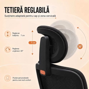Scaun ergonomic din mesh cu suport pentru picioare, tetieră reglabilă și spătar rabatabil SYYT 9523 negru - Img 4