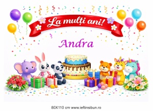 Banner personalizat „La mulți ani, Andra!” Banner Aniversar Copii, 80X110 cm