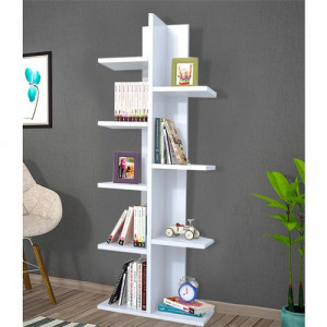 Bibliotecă Verticală cu 9 Rafturi, Înălțime 122 cm, Alb Mat