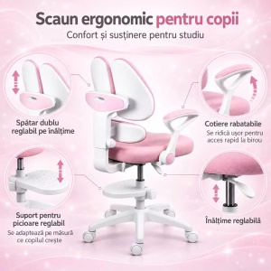 Scaun de birou pentru copii din mesh, rotativ, cu spătar dublu și suport pentru picioare OFF 337 roz - Img 6