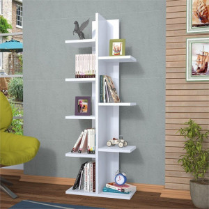 Bibliotecă Verticală cu 9 Rafturi, Înălțime 122 cm, Alb Mat
