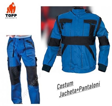 Costum salopeta jacheta + pantalon bicolor albastru din bumbac