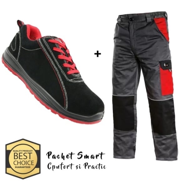 Costum de lucru practic: Pantaloni salopeta si Pantofi S1 | rosu-negru