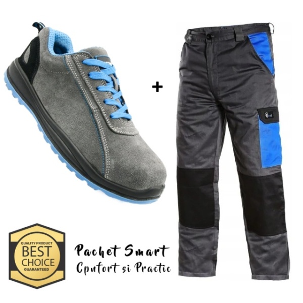 Costum de lucru practic: Pantaloni salopeta si Pantofi S1 | gri-albastru