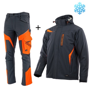 Costum de lucru sezon rece Sara: Geaca căptușita si Pantaloni Softshell negru-portocaliu