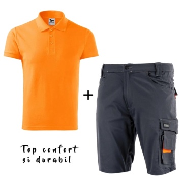 Costum de lucru vara Pantaloni scurti Flexibili si Tricou polo bumbac | Gri-Portocaliu Sara