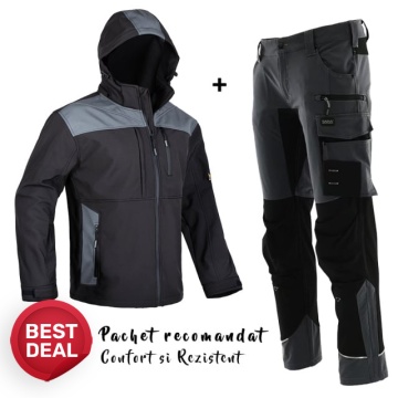 Costum de lucru optim: Jacheta Softshell si Pantaloni elastici Sara