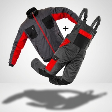Costum salopeta cu pieptar si jacheta de lucru usor Gri cu rosu CXS | Best Seller